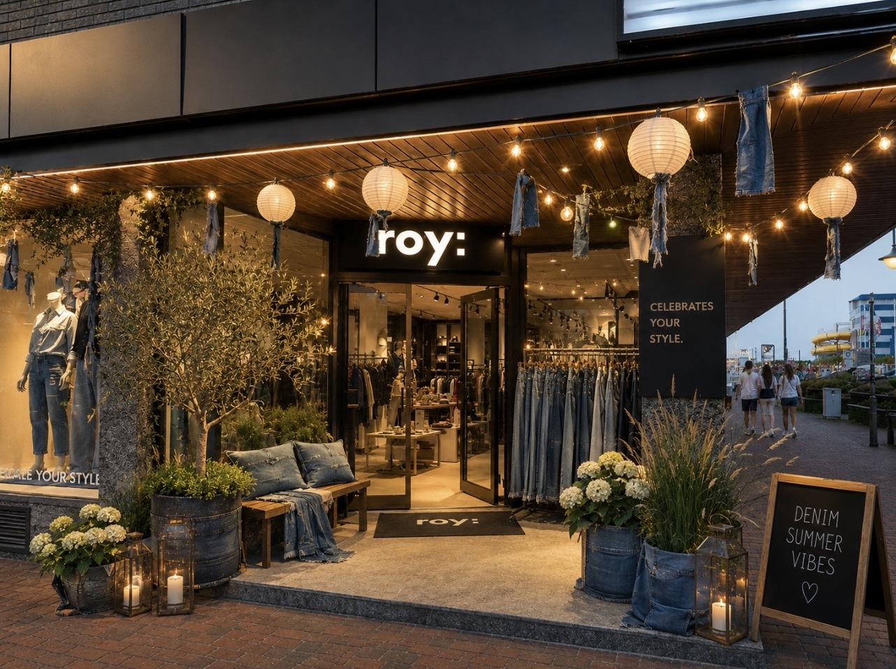 Eingang von roy zur Denim-Lounge by Replay im Juni 2026