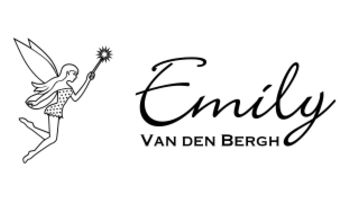 Logo mit dem Text „Emily Van den Bergh“ in Kursivschrift. Links eine einfache Schwarzweißzeichnung einer Fee mit Flügeln, die einen Zauberstab hält.