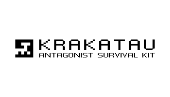 Schwarz-weißes Logo mit einem stilisierten geometrischen Symbol auf der linken Seite, gefolgt vom Wort „KRAKATAU“ in fetter Schrift. Darunter stehen in kleinerer Schrift die Worte „ANTAGONIST SURVIVAL KIT“ auf weißem Hintergrund.