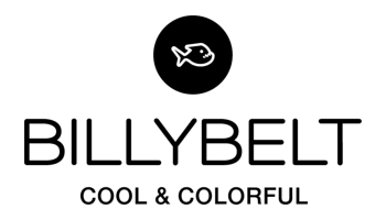 Logo von BILLYBELT mit einem stilisierten Fischsymbol über dem Markennamen. Darunter wird der Slogan „COOL & COLORFUL“ angezeigt. Das Design ist in Schwarzweiß gehalten.