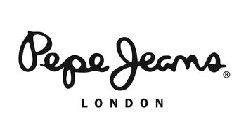 Schwarzer Text auf weißem Hintergrund mit dem Pepe Jeans-Logo. Die Worte „Pepe Jeans“ sind in Schreibschrift geschrieben, darunter steht „LONDON“ in Großbuchstaben.